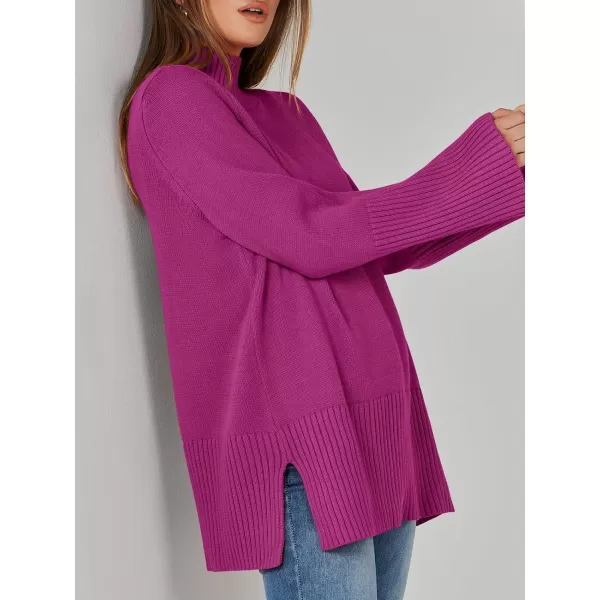 imageANRABESS Womens Trendy Sweaters Pullover Turtleneck Oversized Long Sleeve Split Hem Casual Knit Sweater TopsRose Red