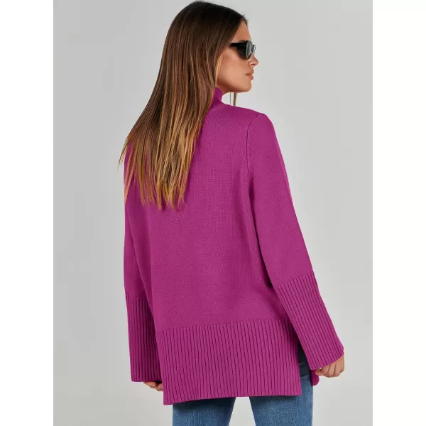 imageANRABESS Womens Trendy Sweaters Pullover Turtleneck Oversized Long Sleeve Split Hem Casual Knit Sweater TopsRose Red