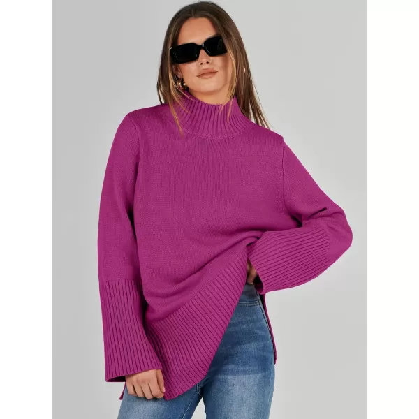 imageANRABESS Womens Trendy Sweaters Pullover Turtleneck Oversized Long Sleeve Split Hem Casual Knit Sweater TopsRose Red