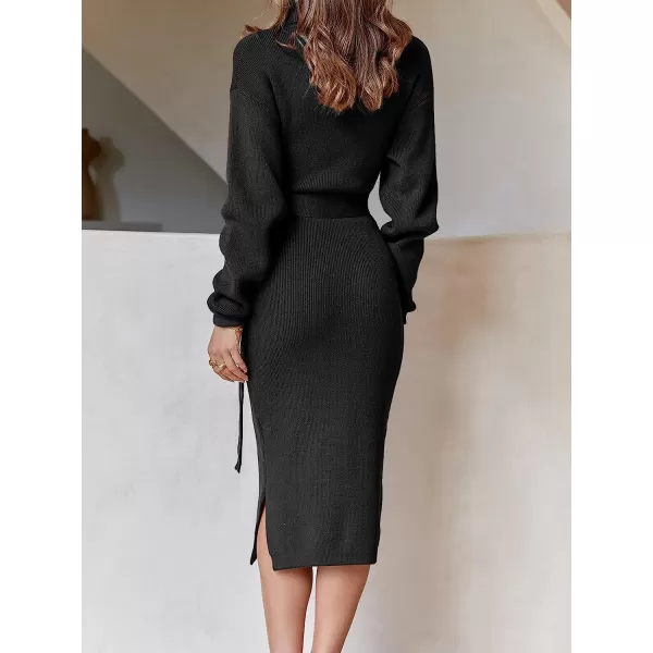 imageANRABESS Womens Turtleneck Batwing Sleeve Oversized Chunky Rib Knit Slit Pullover Sweater DressBlack