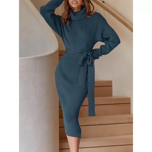 imageANRABESS Womens Turtleneck Batwing Sleeve Oversized Chunky Rib Knit Slit Pullover Sweater DressIndigo
