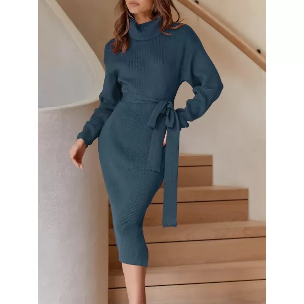 imageANRABESS Womens Turtleneck Batwing Sleeve Oversized Chunky Rib Knit Slit Pullover Sweater DressIndigo