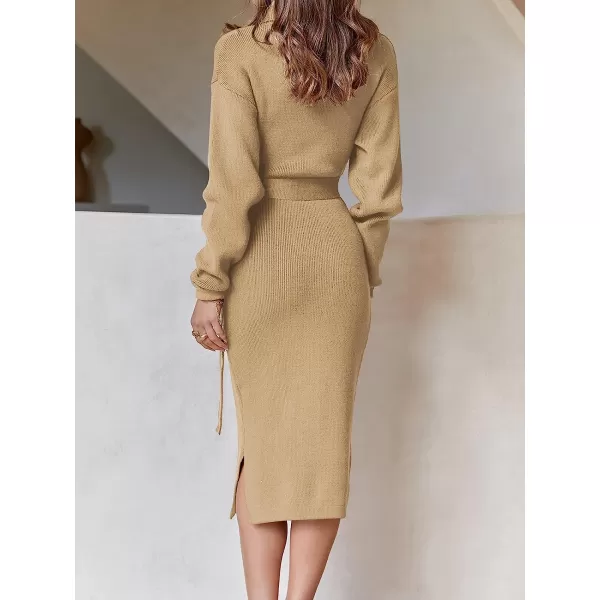 imageANRABESS Womens Turtleneck Batwing Sleeve Oversized Chunky Rib Knit Slit Pullover Sweater DressKhaki