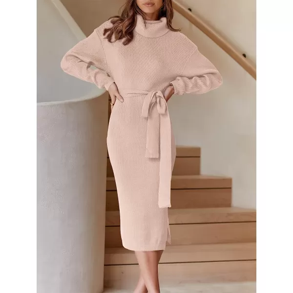 imageANRABESS Womens Turtleneck Batwing Sleeve Oversized Chunky Rib Knit Slit Pullover Sweater DressPink