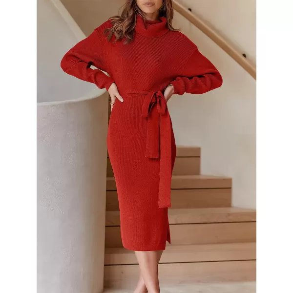 imageANRABESS Womens Turtleneck Batwing Sleeve Oversized Chunky Rib Knit Slit Pullover Sweater DressRed