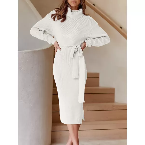 imageANRABESS Womens Turtleneck Batwing Sleeve Oversized Chunky Rib Knit Slit Pullover Sweater DressWhite