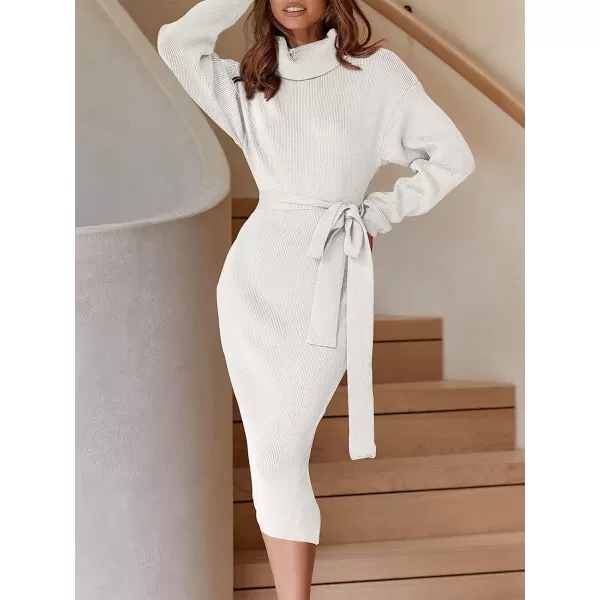 imageANRABESS Womens Turtleneck Batwing Sleeve Oversized Chunky Rib Knit Slit Pullover Sweater DressWhite