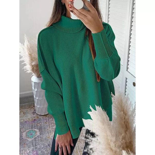 imageANRABESS Womens Turtleneck Batwing Sleeve Side Slit Ribbed Knit Pullover Sweater TopGrass
