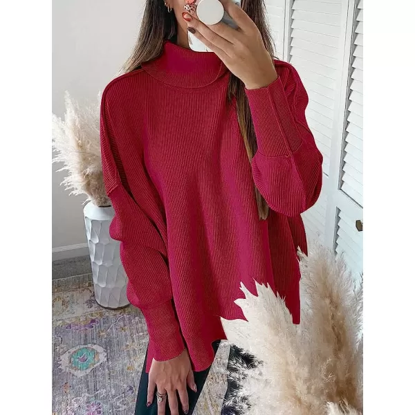 imageANRABESS Womens Turtleneck Batwing Sleeve Side Slit Ribbed Knit Pullover Sweater TopRose