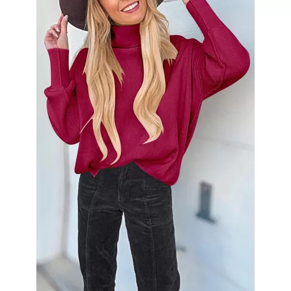 imageANRABESS Womens Turtleneck Batwing Sleeve Side Slit Ribbed Knit Pullover Sweater TopRose