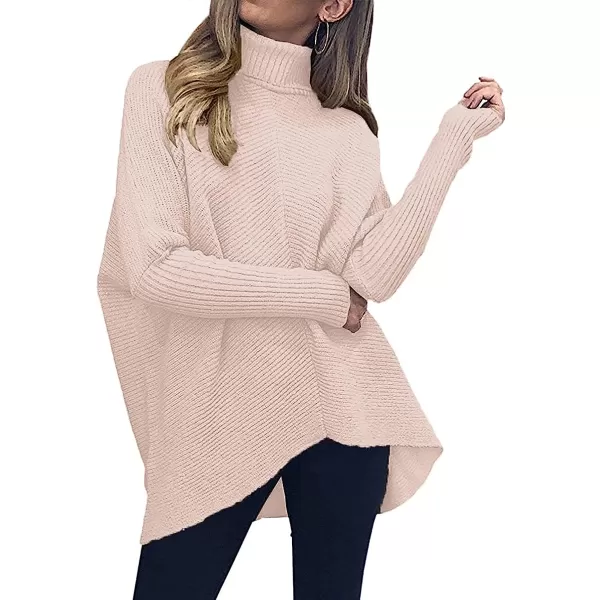 imageANRABESS Womens Turtleneck Long Batwing Sleeve Asymmetric Hem Casual Pullover Sweater Knit TopsPink
