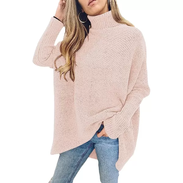 imageANRABESS Womens Turtleneck Long Batwing Sleeve Asymmetric Hem Casual Pullover Sweater Knit TopsPink