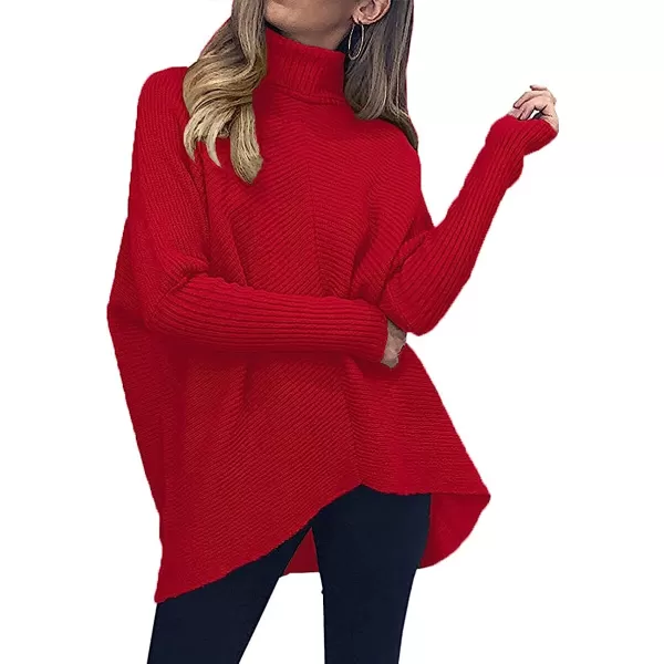 imageANRABESS Womens Turtleneck Long Batwing Sleeve Asymmetric Hem Casual Pullover Sweater Knit TopsRed
