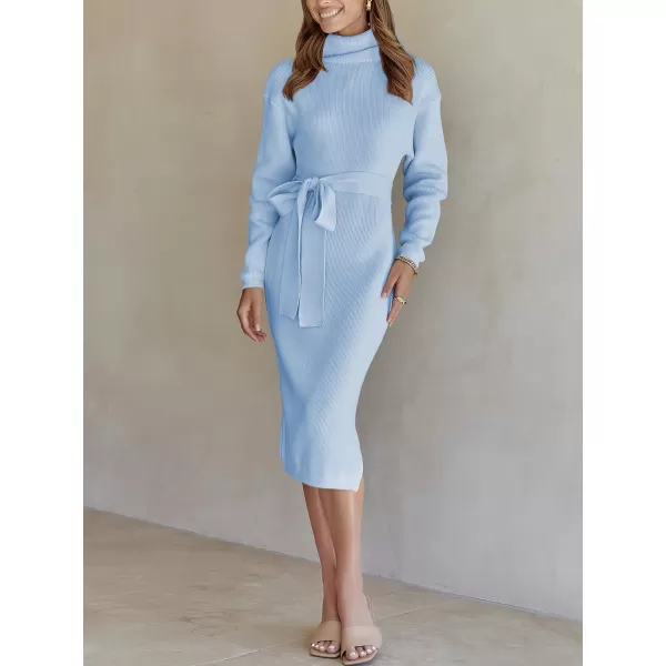 imageANRABESS Womens Turtleneck Long Batwing Sleeve Chunky Knit Slit Slim Bodycon Tie Waist Pullover Midi Sweater DressBaby Blue