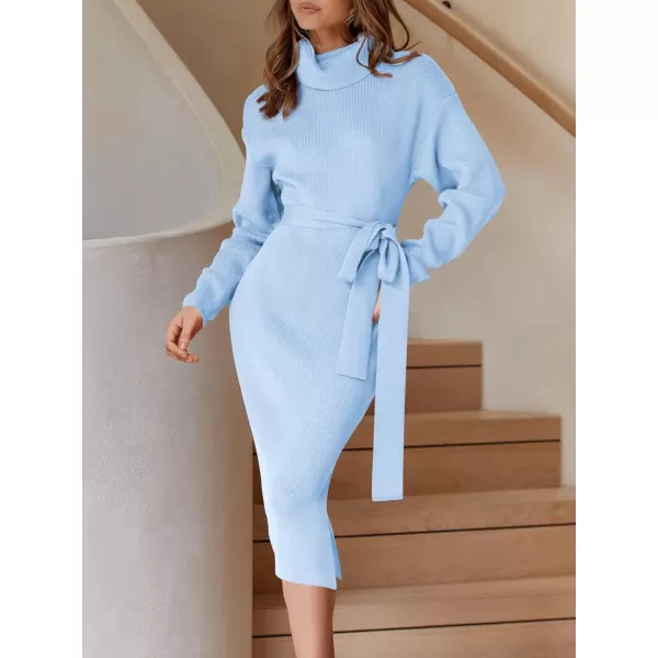 imageANRABESS Womens Turtleneck Long Batwing Sleeve Chunky Knit Slit Slim Bodycon Tie Waist Pullover Midi Sweater DressBaby Blue