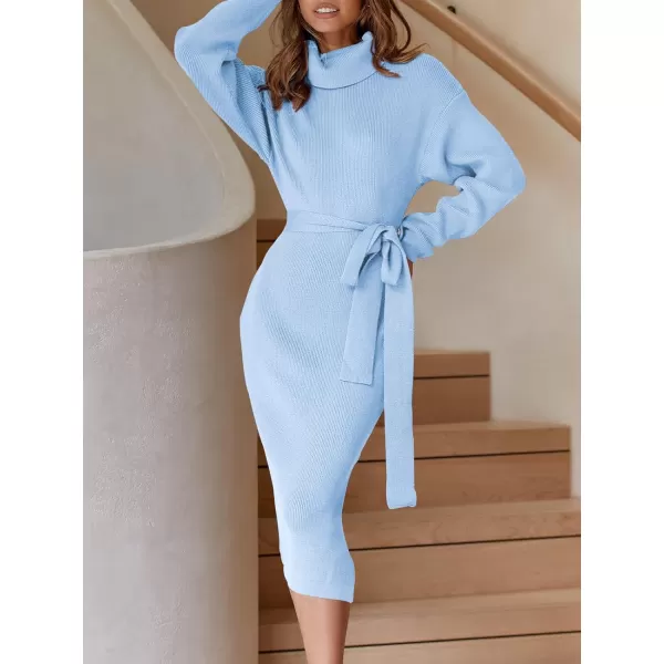 imageANRABESS Womens Turtleneck Long Batwing Sleeve Chunky Knit Slit Slim Bodycon Tie Waist Pullover Midi Sweater DressBaby Blue