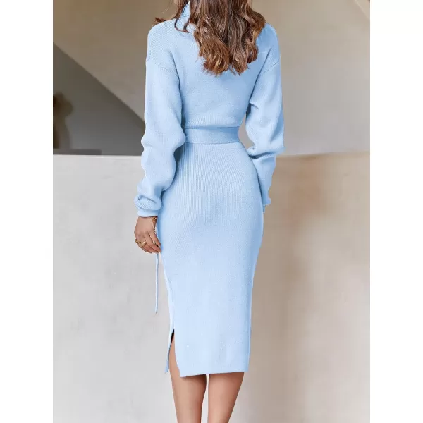 imageANRABESS Womens Turtleneck Long Batwing Sleeve Chunky Knit Slit Slim Bodycon Tie Waist Pullover Midi Sweater DressBaby Blue