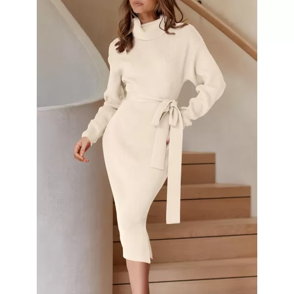 imageANRABESS Womens Turtleneck Long Batwing Sleeve Chunky Knit Slit Slim Bodycon Tie Waist Pullover Midi Sweater DressBeige