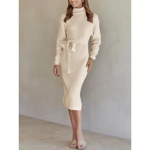 imageANRABESS Womens Turtleneck Long Batwing Sleeve Chunky Knit Slit Slim Bodycon Tie Waist Pullover Midi Sweater DressBeige