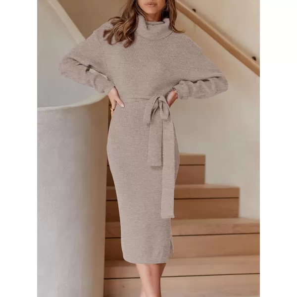 imageANRABESS Womens Turtleneck Long Batwing Sleeve Chunky Knit Slit Slim Bodycon Tie Waist Pullover Midi Sweater DressCamel