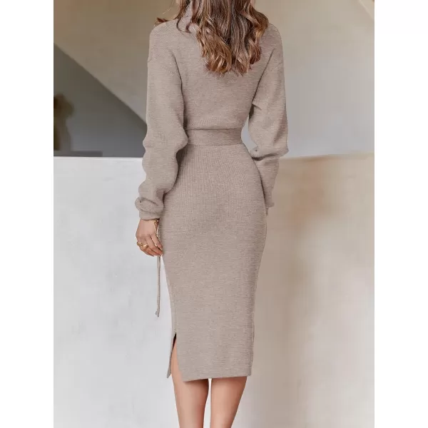 imageANRABESS Womens Turtleneck Long Batwing Sleeve Chunky Knit Slit Slim Bodycon Tie Waist Pullover Midi Sweater DressCamel