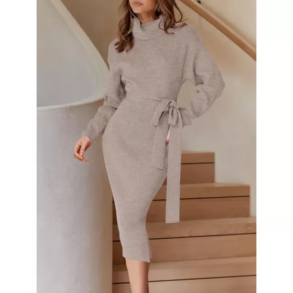 imageANRABESS Womens Turtleneck Long Batwing Sleeve Chunky Knit Slit Slim Bodycon Tie Waist Pullover Midi Sweater DressCamel