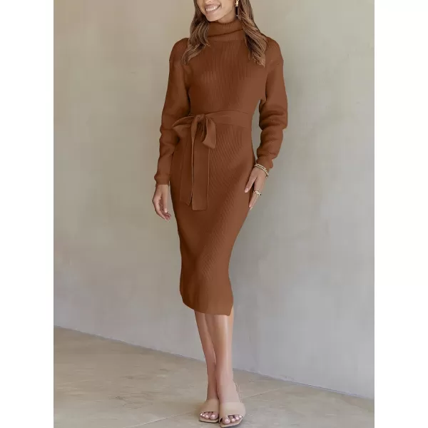 imageANRABESS Womens Turtleneck Long Batwing Sleeve Chunky Knit Slit Slim Bodycon Tie Waist Pullover Midi Sweater DressCaramel