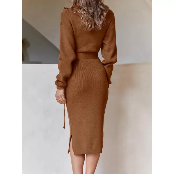 imageANRABESS Womens Turtleneck Long Batwing Sleeve Chunky Knit Slit Slim Bodycon Tie Waist Pullover Midi Sweater DressCaramel