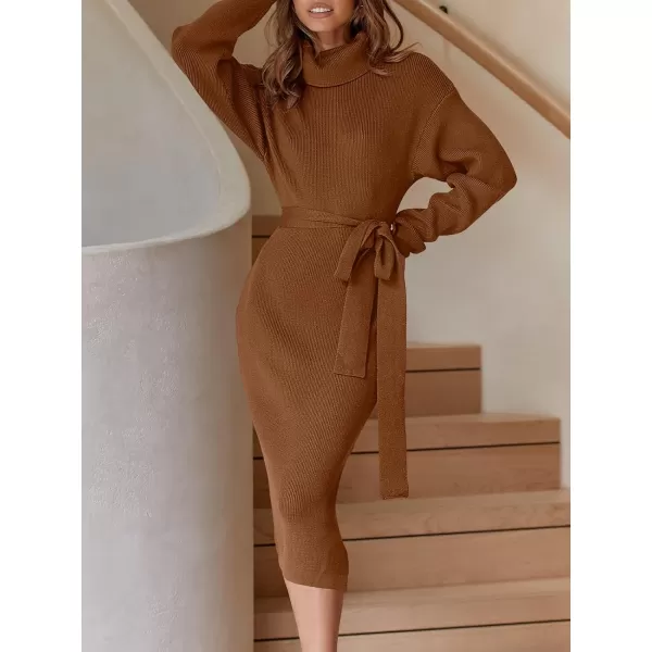 imageANRABESS Womens Turtleneck Long Batwing Sleeve Chunky Knit Slit Slim Bodycon Tie Waist Pullover Midi Sweater DressCaramel