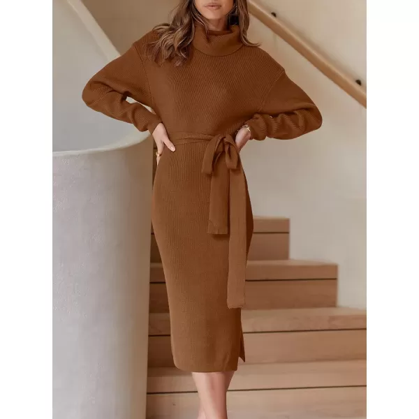 imageANRABESS Womens Turtleneck Long Batwing Sleeve Chunky Knit Slit Slim Bodycon Tie Waist Pullover Midi Sweater DressCaramel