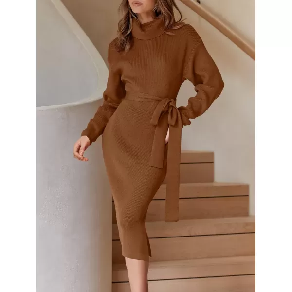imageANRABESS Womens Turtleneck Long Batwing Sleeve Chunky Knit Slit Slim Bodycon Tie Waist Pullover Midi Sweater DressCaramel