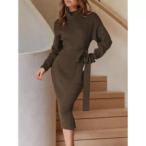imageANRABESS Womens Turtleneck Long Batwing Sleeve Chunky Knit Slit Slim Bodycon Tie Waist Pullover Midi Sweater DressCoffee