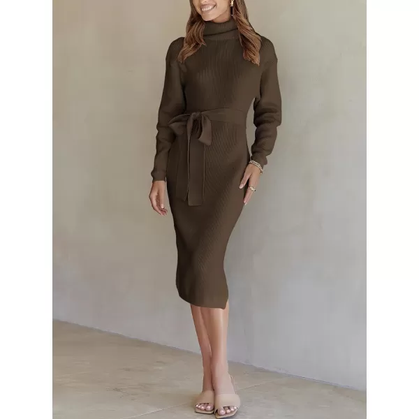 imageANRABESS Womens Turtleneck Long Batwing Sleeve Chunky Knit Slit Slim Bodycon Tie Waist Pullover Midi Sweater DressCoffee