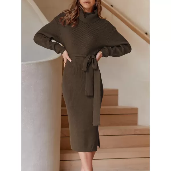 imageANRABESS Womens Turtleneck Long Batwing Sleeve Chunky Knit Slit Slim Bodycon Tie Waist Pullover Midi Sweater DressCoffee
