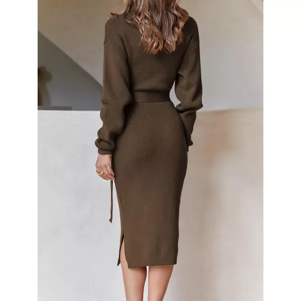 imageANRABESS Womens Turtleneck Long Batwing Sleeve Chunky Knit Slit Slim Bodycon Tie Waist Pullover Midi Sweater DressCoffee