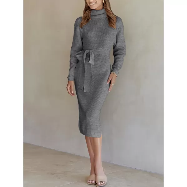 imageANRABESS Womens Turtleneck Long Batwing Sleeve Chunky Knit Slit Slim Bodycon Tie Waist Pullover Midi Sweater DressDark Grey