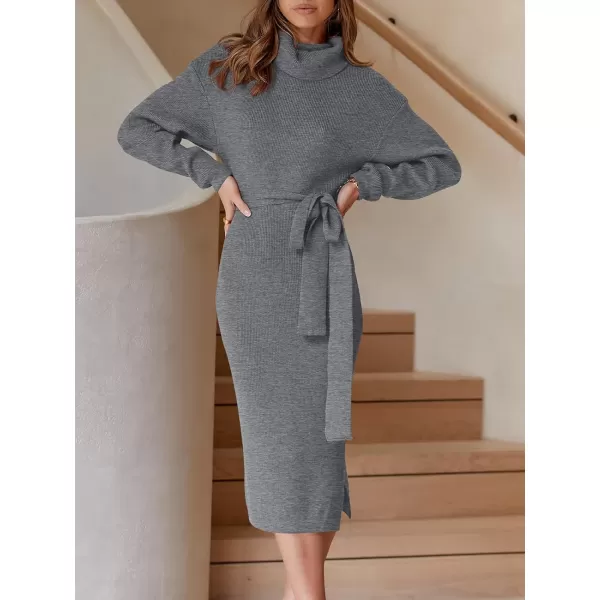 imageANRABESS Womens Turtleneck Long Batwing Sleeve Chunky Knit Slit Slim Bodycon Tie Waist Pullover Midi Sweater DressDark Grey