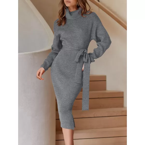 imageANRABESS Womens Turtleneck Long Batwing Sleeve Chunky Knit Slit Slim Bodycon Tie Waist Pullover Midi Sweater DressDark Grey