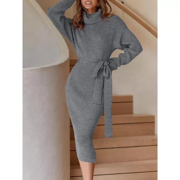 imageANRABESS Womens Turtleneck Long Batwing Sleeve Chunky Knit Slit Slim Bodycon Tie Waist Pullover Midi Sweater DressDark Grey