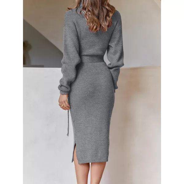 imageANRABESS Womens Turtleneck Long Batwing Sleeve Chunky Knit Slit Slim Bodycon Tie Waist Pullover Midi Sweater DressDark Grey