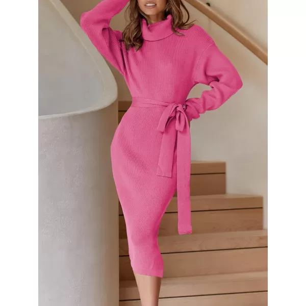 imageANRABESS Womens Turtleneck Long Batwing Sleeve Chunky Knit Slit Slim Bodycon Tie Waist Pullover Midi Sweater DressHot Pink