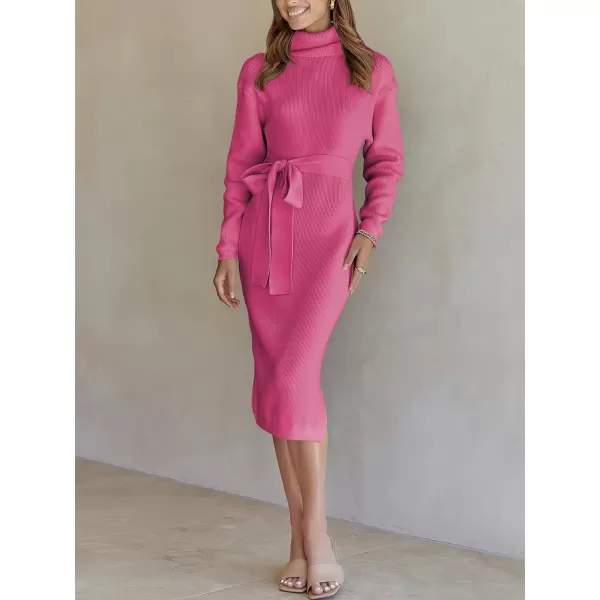 imageANRABESS Womens Turtleneck Long Batwing Sleeve Chunky Knit Slit Slim Bodycon Tie Waist Pullover Midi Sweater DressHot Pink