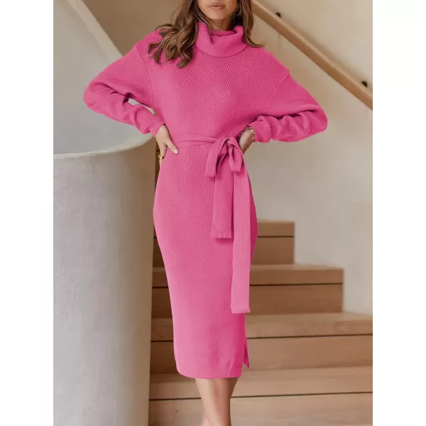 imageANRABESS Womens Turtleneck Long Batwing Sleeve Chunky Knit Slit Slim Bodycon Tie Waist Pullover Midi Sweater DressHot Pink
