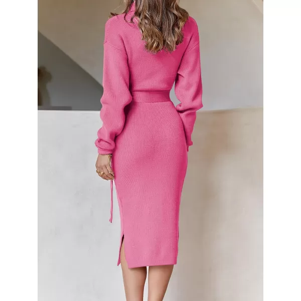 imageANRABESS Womens Turtleneck Long Batwing Sleeve Chunky Knit Slit Slim Bodycon Tie Waist Pullover Midi Sweater DressHot Pink