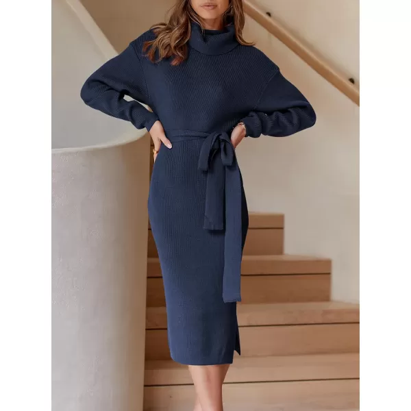imageANRABESS Womens Turtleneck Long Batwing Sleeve Chunky Knit Slit Slim Bodycon Tie Waist Pullover Midi Sweater DressNavy Blue