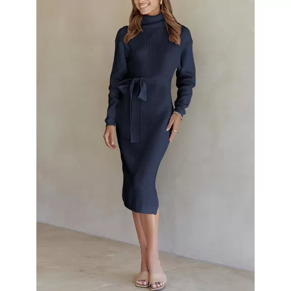 imageANRABESS Womens Turtleneck Long Batwing Sleeve Chunky Knit Slit Slim Bodycon Tie Waist Pullover Midi Sweater DressNavy Blue