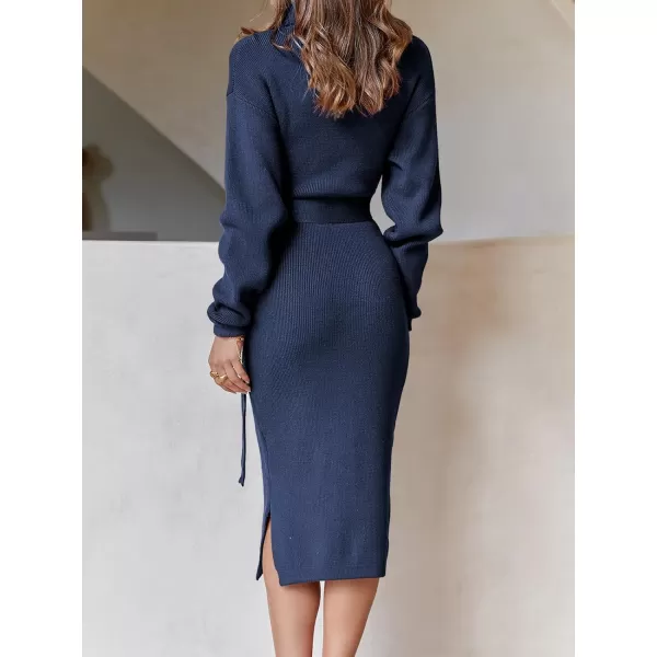 imageANRABESS Womens Turtleneck Long Batwing Sleeve Chunky Knit Slit Slim Bodycon Tie Waist Pullover Midi Sweater DressNavy Blue