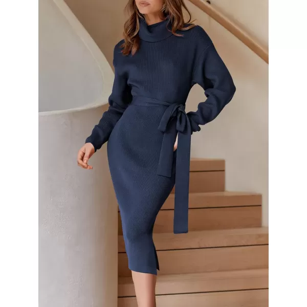 imageANRABESS Womens Turtleneck Long Batwing Sleeve Chunky Knit Slit Slim Bodycon Tie Waist Pullover Midi Sweater DressNavy Blue