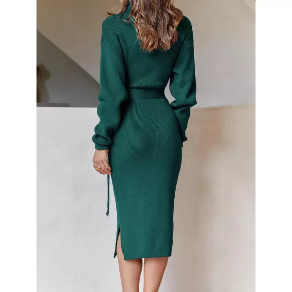 imageANRABESS Womens Turtleneck Long Batwing Sleeve Chunky Knit Slit Slim Bodycon Tie Waist Pullover Midi Sweater DressOpal Green