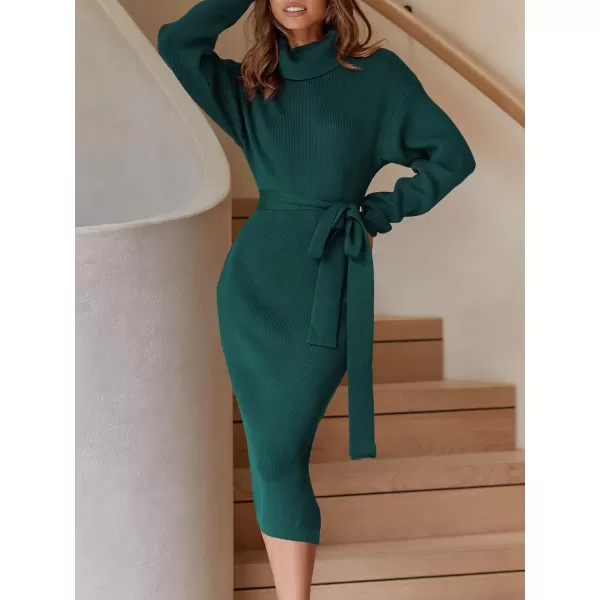 imageANRABESS Womens Turtleneck Long Batwing Sleeve Chunky Knit Slit Slim Bodycon Tie Waist Pullover Midi Sweater DressOpal Green